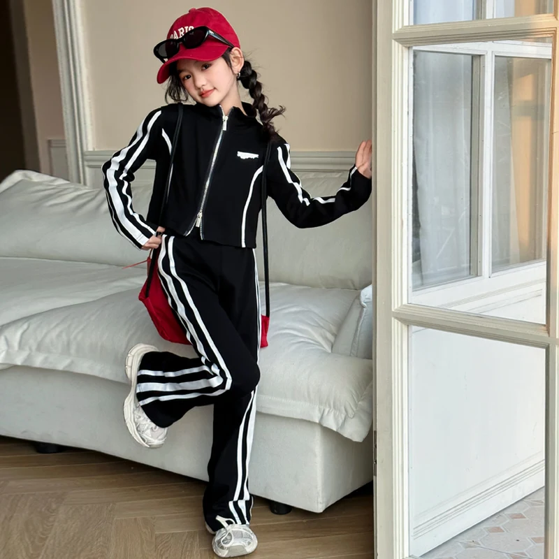 

spring teen kids girls clothes sets black short jacket+sport pants 2pcs conjunto infantil menina child clothing outfits suit 12