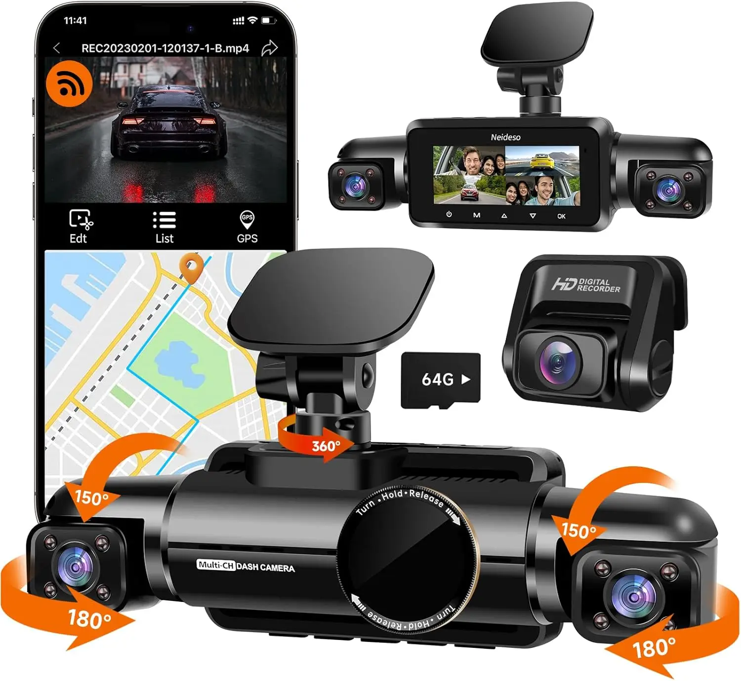 

Neideso 360° Dash Cam Front, Rear and Inside, 4 Channel 3K+3*1080P, 5GHz Wi-Fi GPS, Voice Control, 4K+1080P*2 Dash