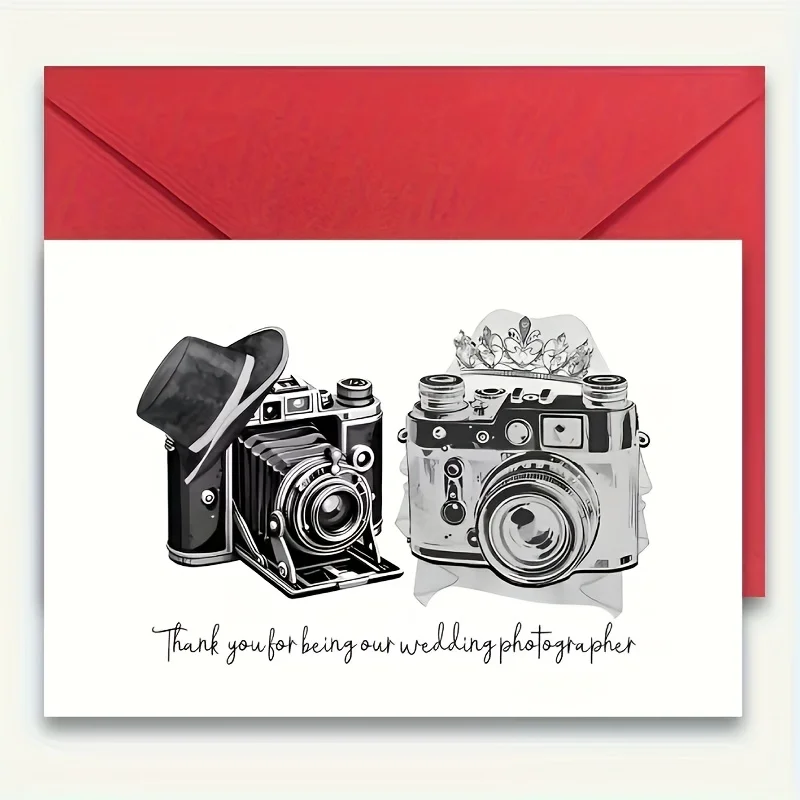1Pc wedding photographer thank you card, hat and camera pattern, thank you for capturing our beautiful moments, photographing our wedding, supplier reminder card with envelope