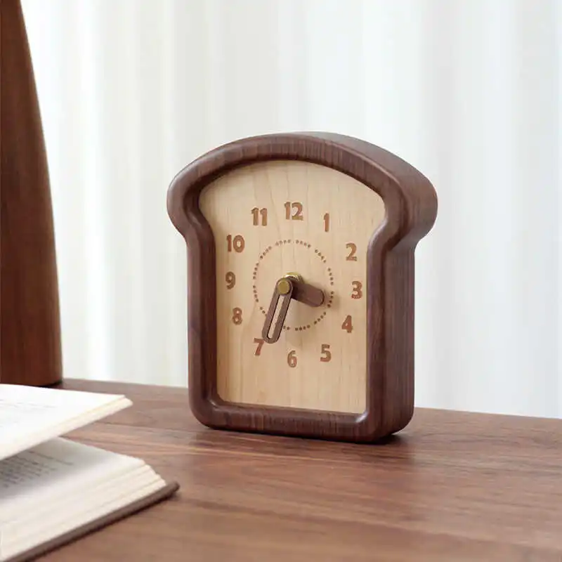 Cute bread-shaped wooden desk  silent clock bedside bedroom pendulum tabletop ornament