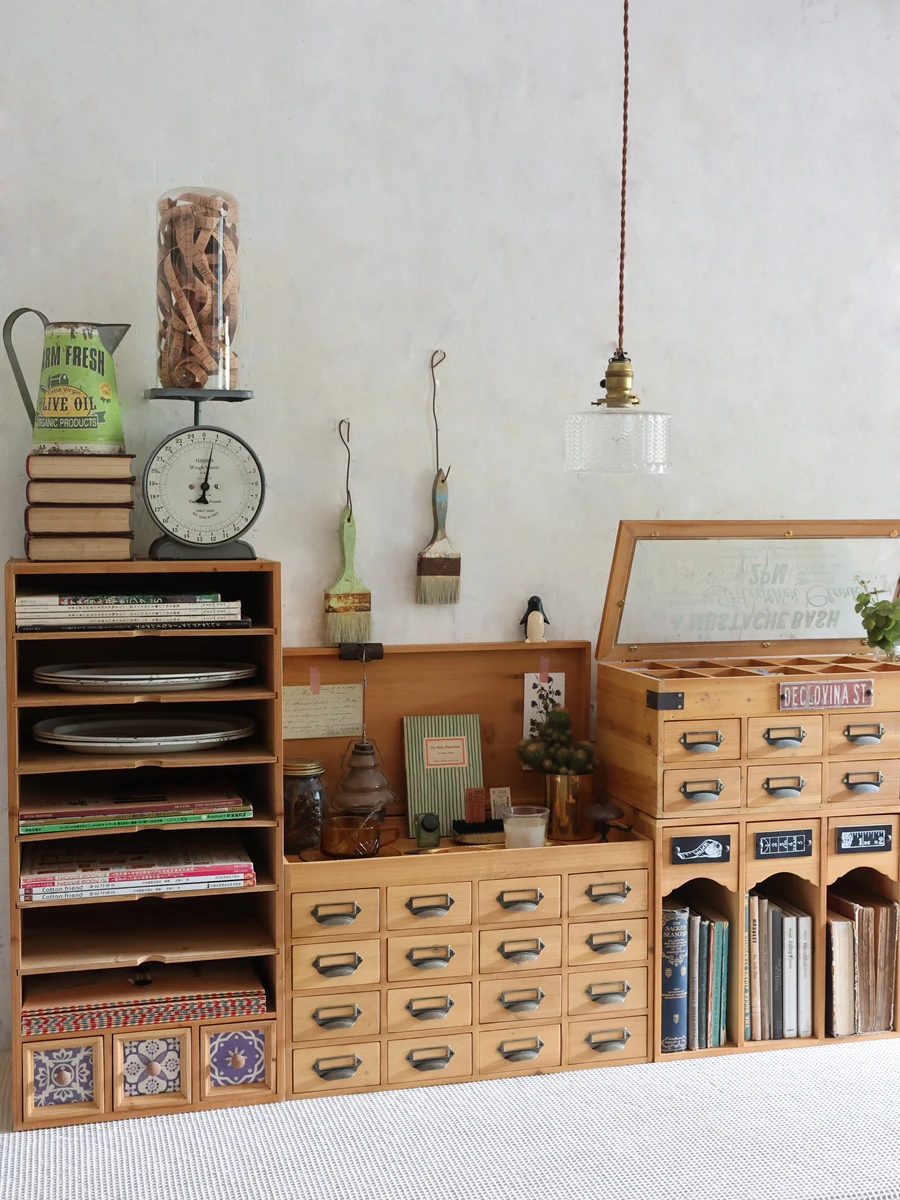 

Children's desk retro storage cabinet wooden flip 16 drawing brush stationery finishing desktop storage box