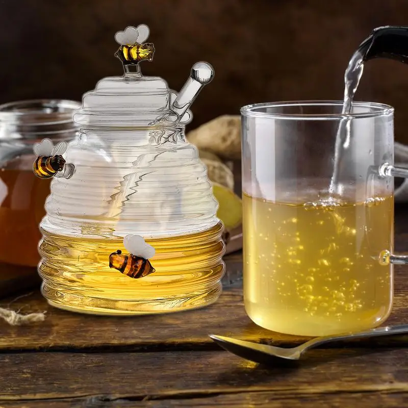 Glass Honey Jar Honey Storage Container With Dipper And Lid Transparent Beehive Shape Honey Bottle Kitchen Accessories