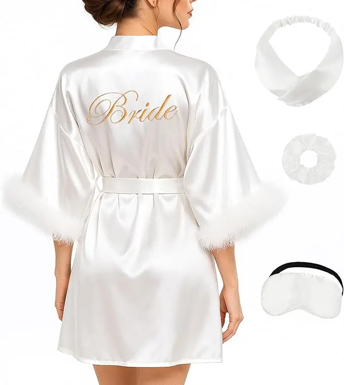 

Bride Robe for Wedding Day Bridal Robes Feather Sleeve Satin Kimono Robes Bachelor Party Getting Ready Outfits