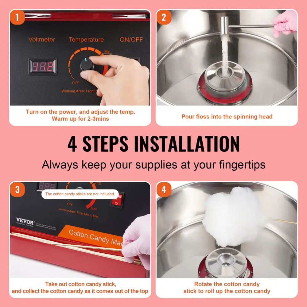 VEVOR Electric Cotton Candy Machine Candy Floss Maker Commercial Cotton Candy Machine with Stainless Steel Bowl and Sugar Scoop