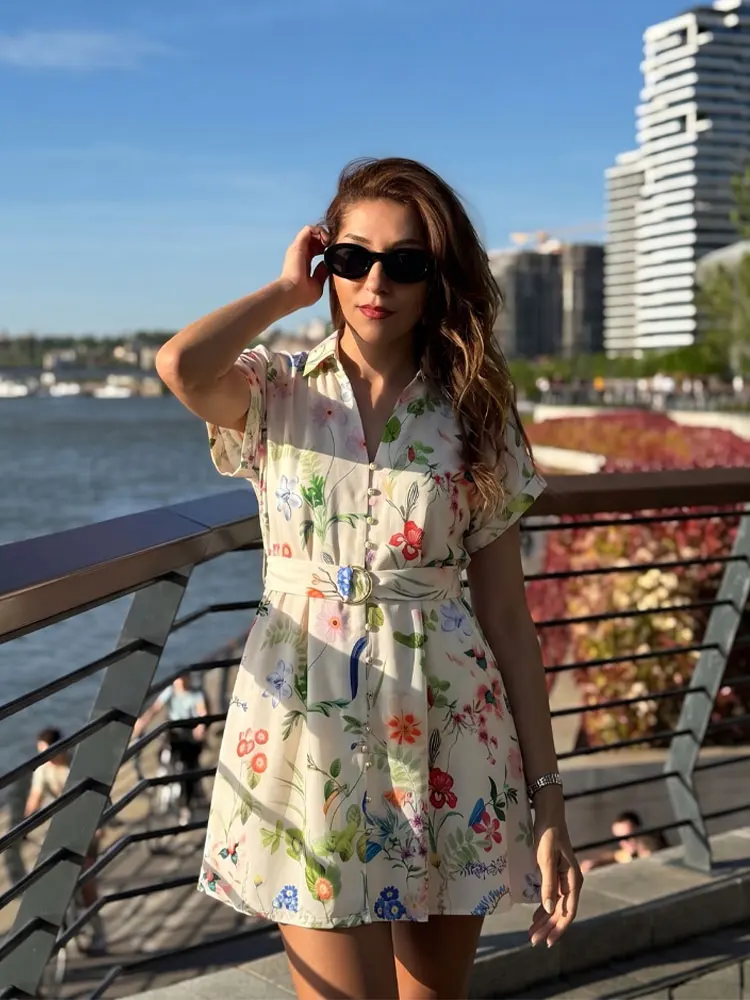 HH Damen Blumenmuster Freizeitkleid mit Umlegekragen, Kurzen Ärmeln und Gürtel, Schlankes Kleid für Sommer, Strand und Urlaub, Damen-Minikleider