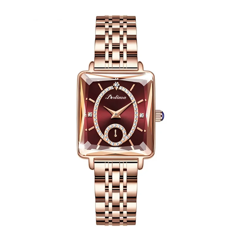 

High-end fashionable square-shaped women's rose gold-encrusted watch with two-hand half-automatic movement
