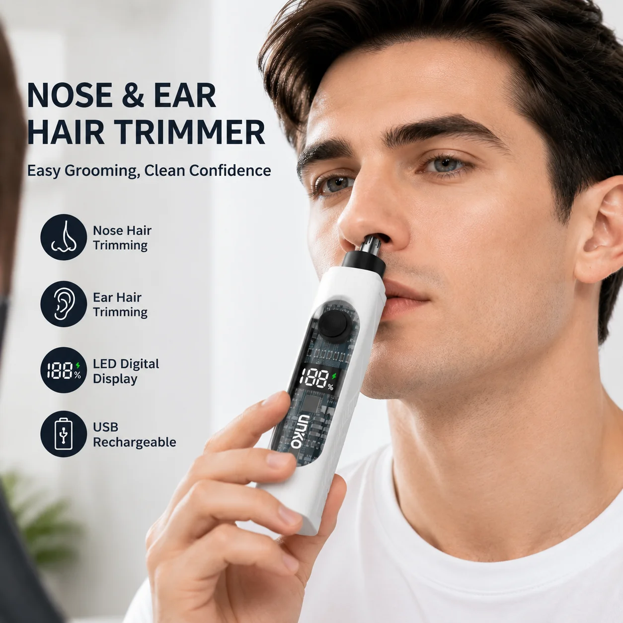 USB Nose Hair Trimmer LED Display Electric Nose Ear Hair Remover 3D Rotary Stainless Steel Cutter