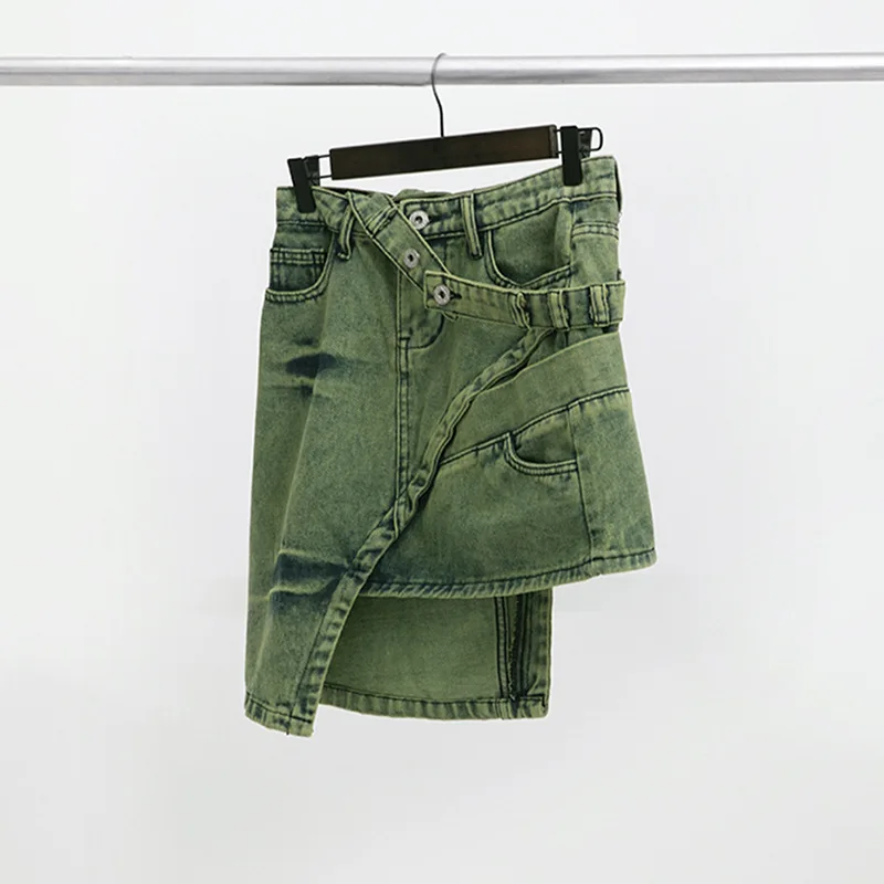 Europa en de Verenigde Staten trend groene denim rok met enkele riem, damesrok met onregelmatig ontwerp