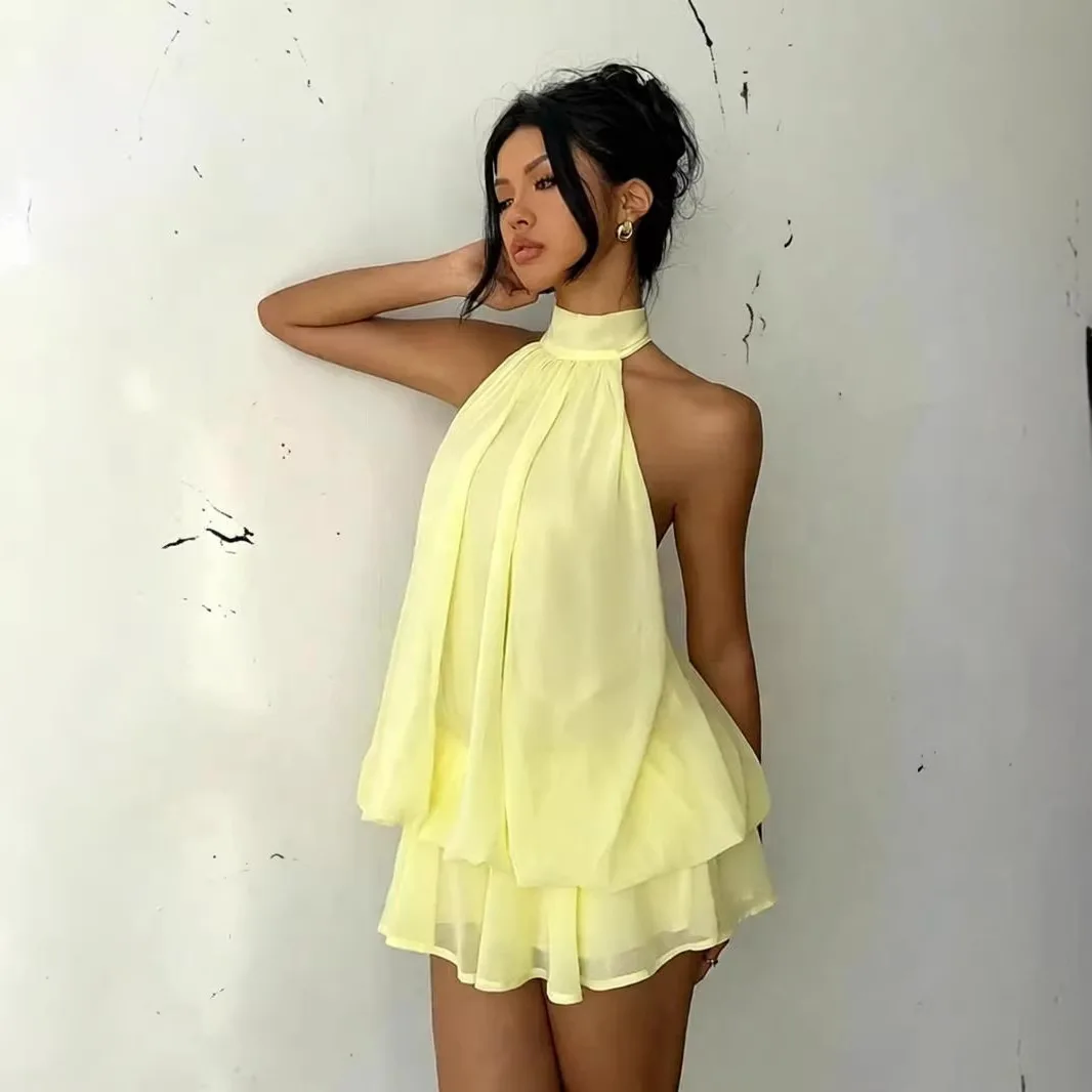 

2026 Spring Women's Sexy Y2K Halter Chiffon Beach Dress Vacation Mini Dress