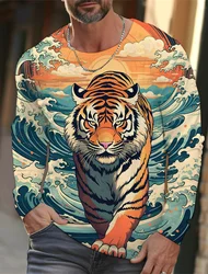 2024 new men's Ukiyoe long-sleeved T-shirt 3D printed high-definition tiger print men's autumn tops casual round neck T-shirt