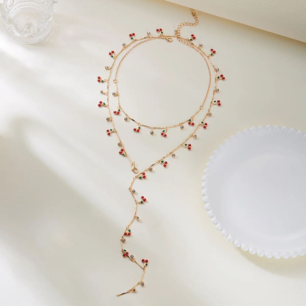 Mehrschichtiger roter Kirschherz-Schal, Y-förmige lange Halskette für Damen und Herren, süße Erdbeerblume, künstliche Perlen-Choker-Schmuckstücke – Detail 26