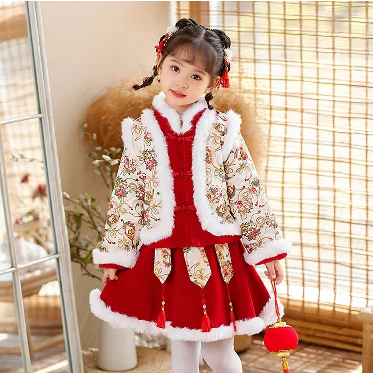 

Traditional Chinese Style New Year Clothes for Girls Vintage Fluff Edge Thicken Warm Winter Red Hanfu Dress Set Tang Suit