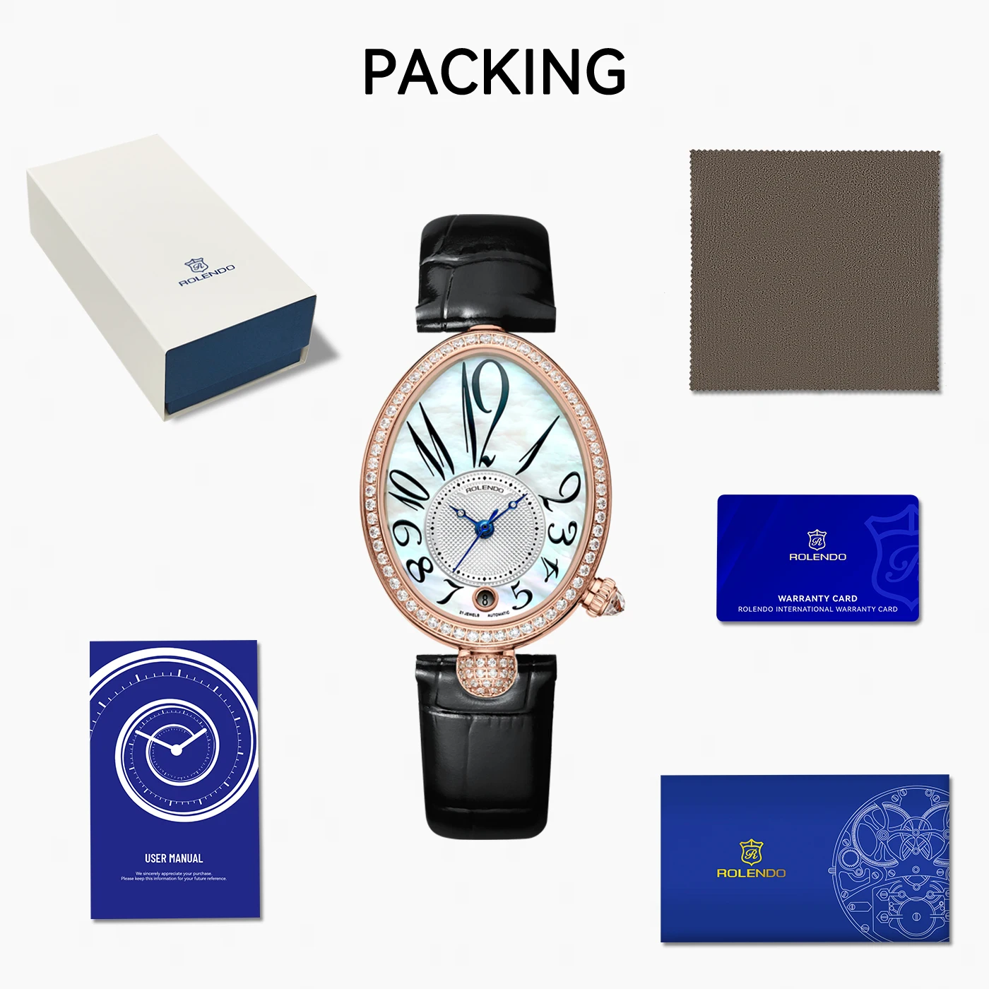 Reloj Automático ROLENDO de nácar y diamantes para mujer, esfera ovalada, cristal de zafiro, calendario, pantalla, correa de cuero resistente al agua