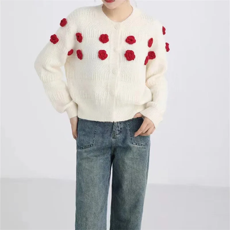 

Женский вязаный кардиган свободного покроя, повседневный мягкий кардиган с длинными рукавами и объемными цветами, в Корейском стиле, XK153