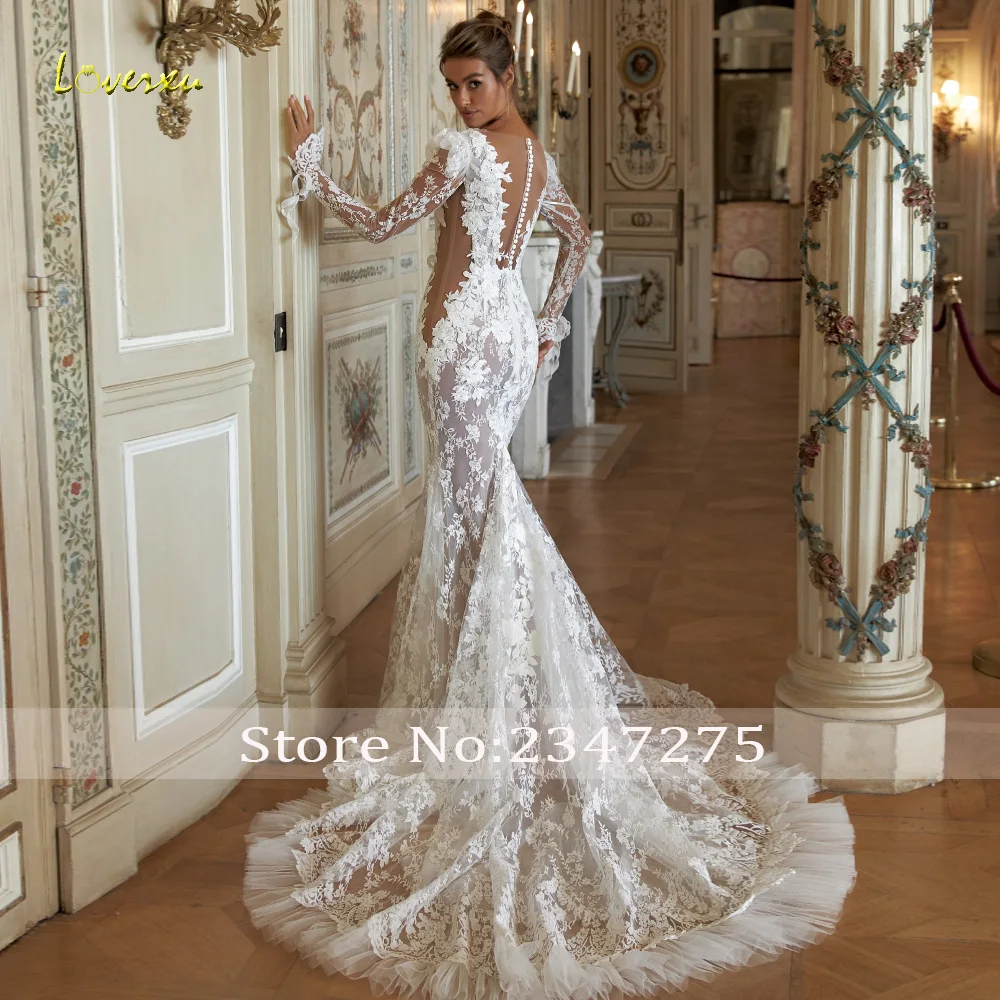 Loverxu Mermaid Sexy Wedding Dresses V-Neck Long Sleeve Vestido De Novia Lace Embroidery 3D Flowers Custom Made Robe De Mariee