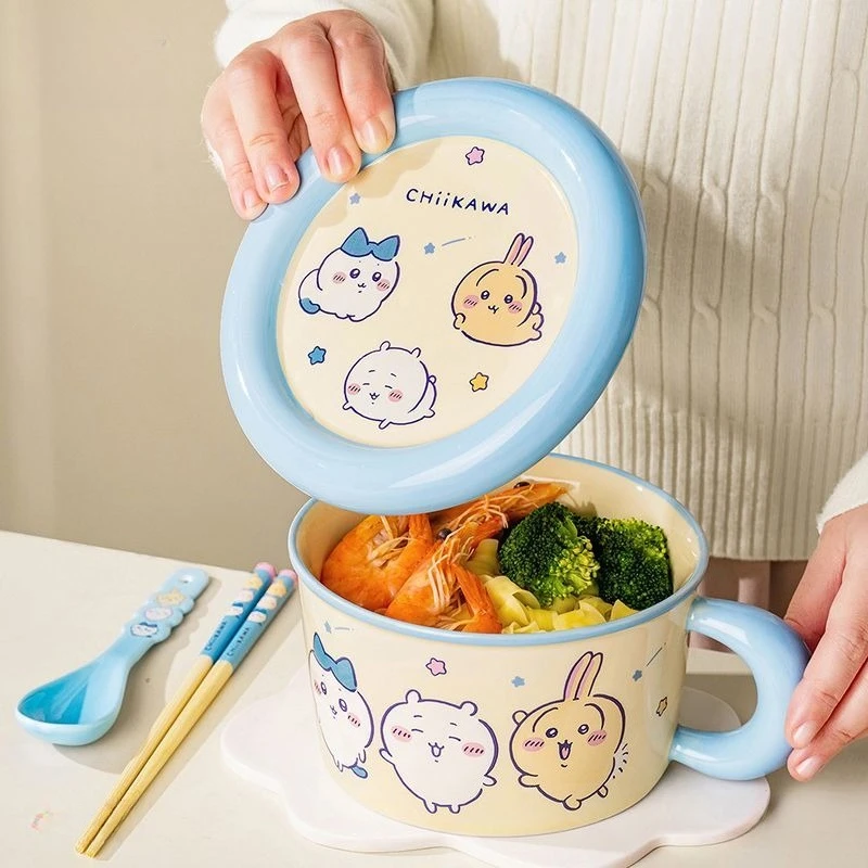 Cartoon Kawaii Chiikawa Instant Noodle Bowl with Lid Large Size Lunch Box Dormitory Dedicated with Handle Canteen Make A Job New
