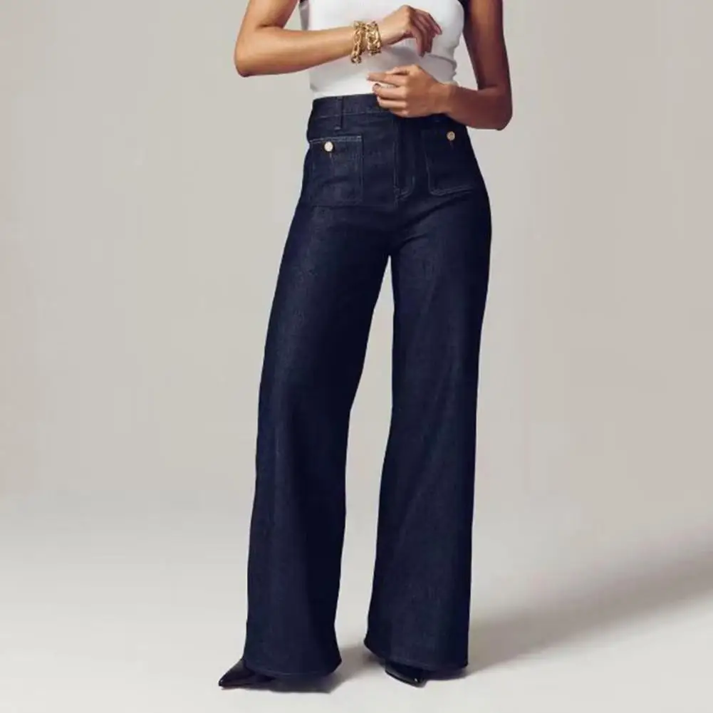 FJButt-Lifting-Jean taille haute à jambes larges pour femme, pantalon en denim uni avec plusieurs poches, grande taille