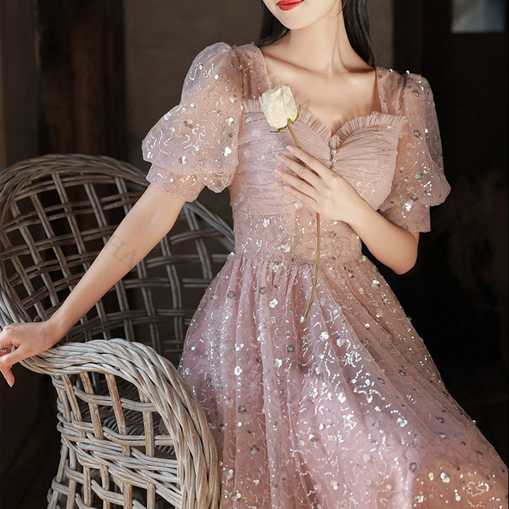 Customized Sweet A-Line Prom Gown V-Neck Short Sleeve Beading Sequin Lace Tea-Length Evning Dress Tulle Princess Es Campus Party