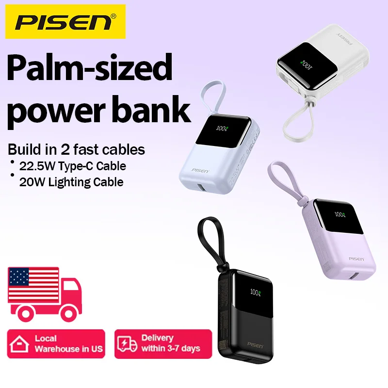 

PISEN PD22.5W Fast Charging Mini Portable Power Bank 10000mAh Built-in Dual Cables Type-C Four-Device Simultaneous Charging