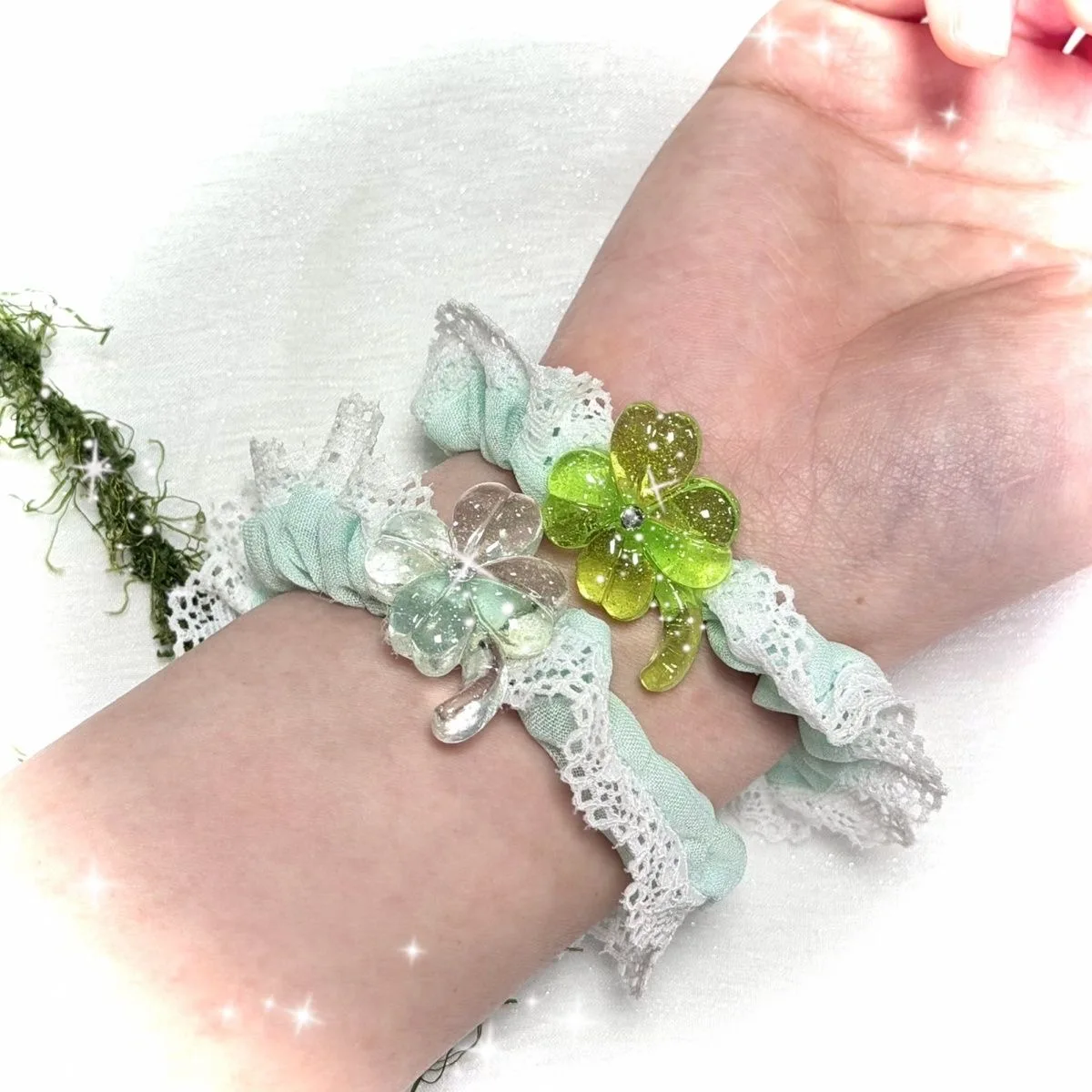 Mint Green Four Leaf Clover Hair Band Hair Rope Scrunchie Ponytail Tail Vintage Wrist Band Mori Girl Elastic Headdress Hair Band