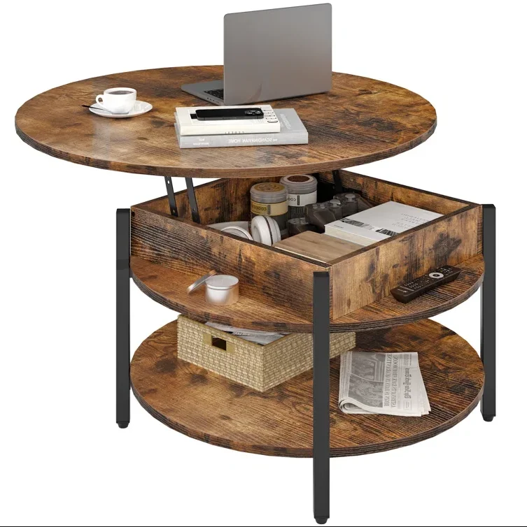 Mesa de centro redonda con tapa elevable para sala de estar, mesa consola rústica de diseño de granja con almacenamiento y compartimento oculto