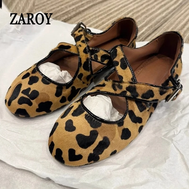 

ZAROY Casual Leopard Ballet Flat Women Round Toe Buckle Crossover Shallow Mouth Loafer Designer Mary Janes Suede Sneaker Sandals