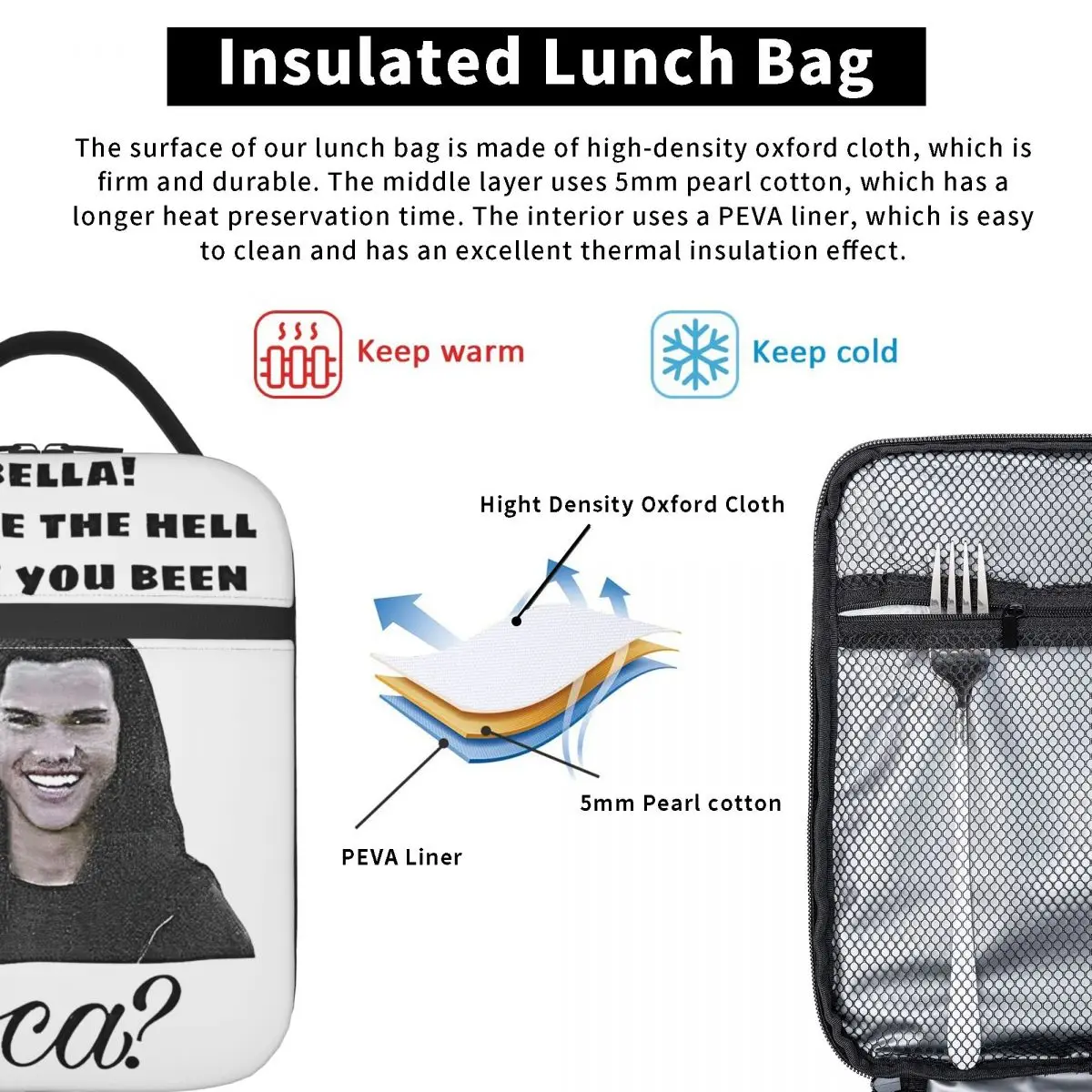 جاكوب توايلايت بيلا أين الجحيم هل كنت لوكا حقيبة الغداء صندوق الغداء خمر للطفل في الهواء الطلق نزهة حقيبة للحفاظ على البرودة المحمولة