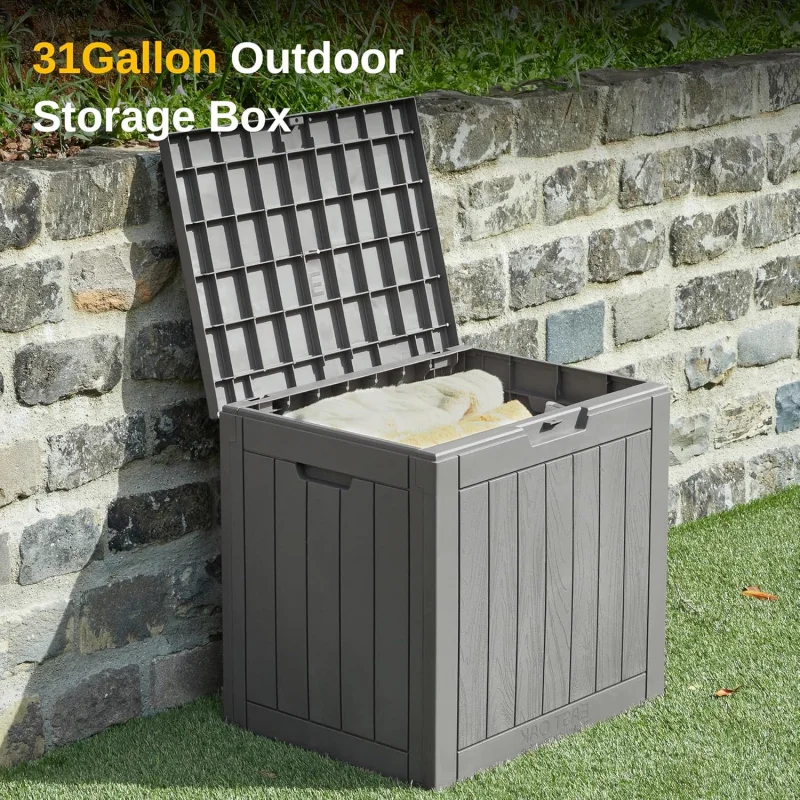 Outdoor Storage Box, 31 Gallon Deck Box Indoor and Outdoor Use, Waterproof Resin Storage Bin for Package Delivery Patio Cushions