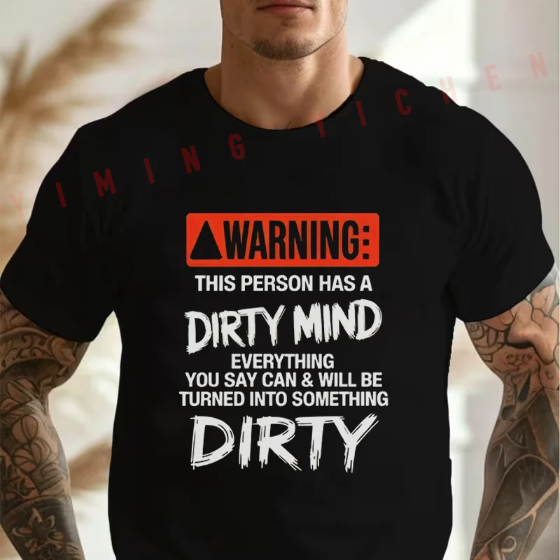 Men's Funny Warning Dirty Heart Graphic Motorcycle Cotton T-Shirt Summer Casual O-neck Short Sleeve Tees