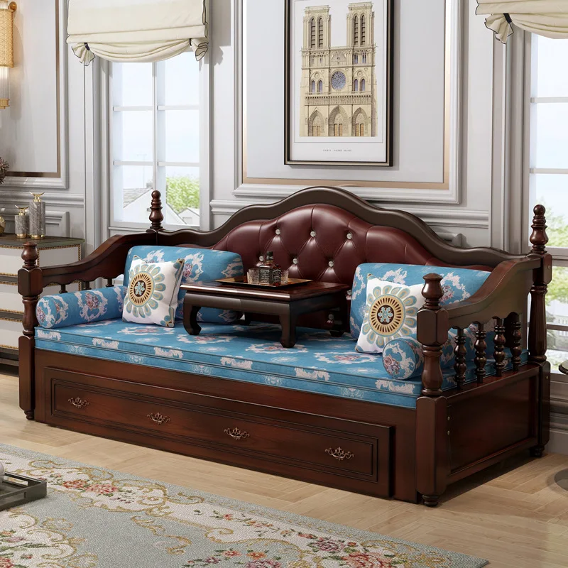 HYS European-style solid wood sofa bed, sliding foldable, sitting, and bedside minimalist bed, soft-wrapped small apartment