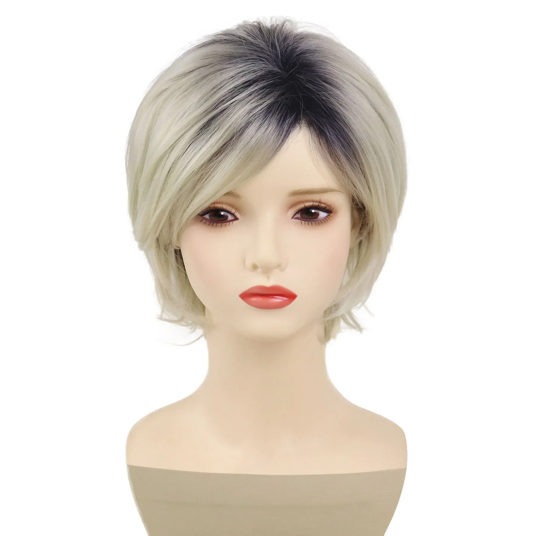 Synthetic Hair Short Ombre Blonde Wig for Women Lady Natural Wavy Curly Dark Root Wigs with Bangs Daily Costume Dress Party Use