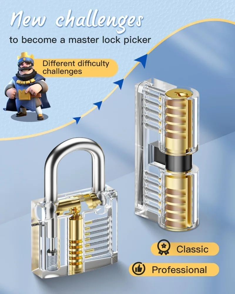 

Набор для вскрытия замков с 17 инструментами - Набор отмычек и прозрачные тренировочные замки с кожаным чехлом - Инструмент для извлечения