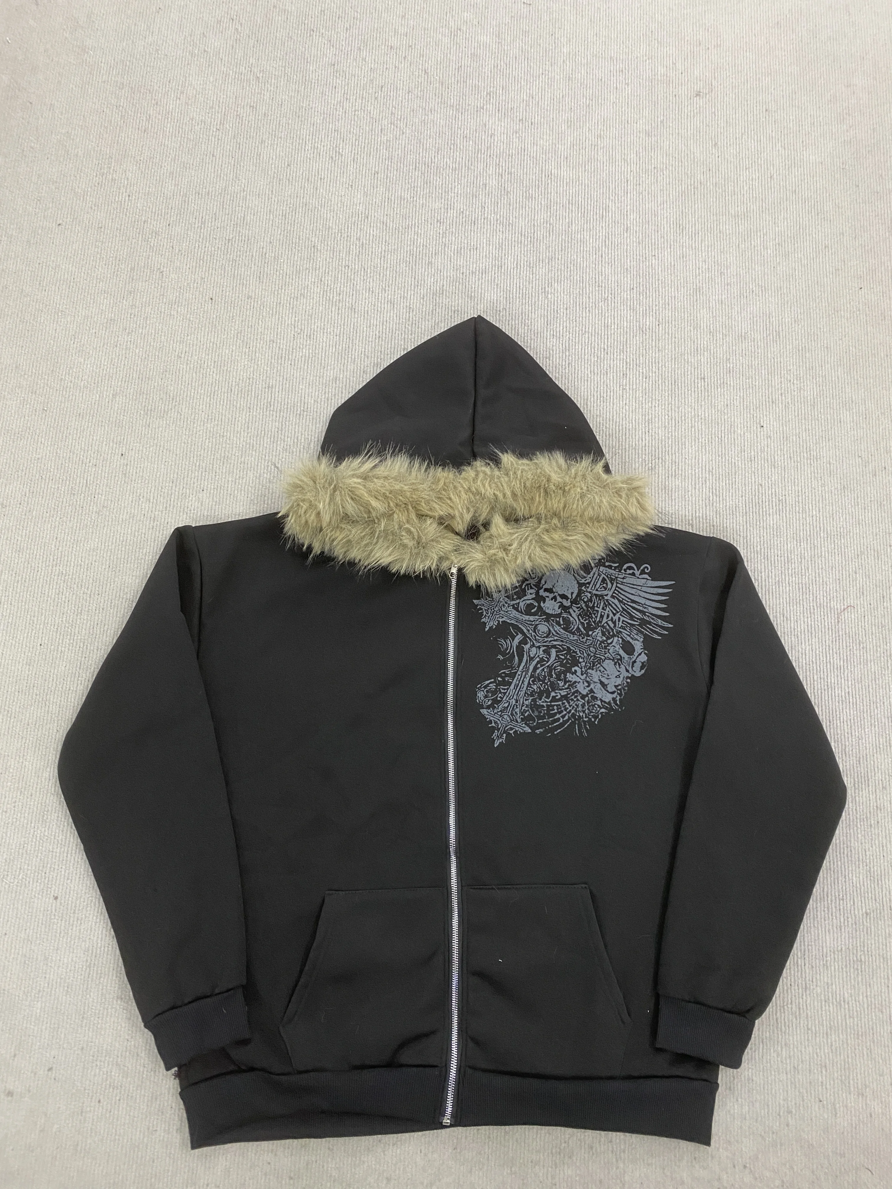Kapuzenpullover mit Kunstfellkragen und Reißverschluss, Totenkopf-Kreuz-Print, Retro-Oversized-Gothic-Streetwear, Punk-Langarmjacke – Detail 10