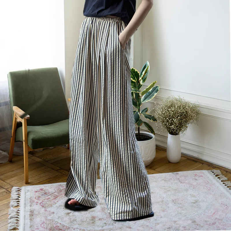 

Adult long textile pants womens vacation style striped polyester cotton blend straight waistband pants with color block detail