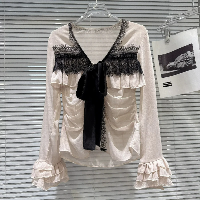 French Sweet Beautiful Women's Shirt 2026 Autumn New Apricot V-neck Lace Edge Straps Loose Long-sleeved Chiffon Shirts Ladies