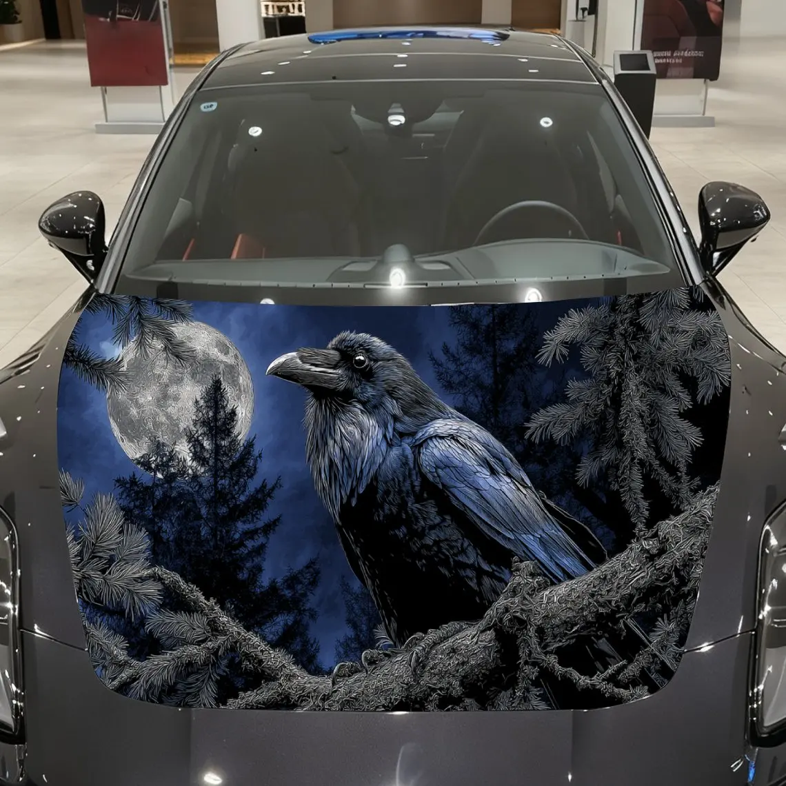 Gloomy-night Branch-perched Raven Print car hood stickers, waterproof self-adhesive, scratch resistant, easy to stick, durable c