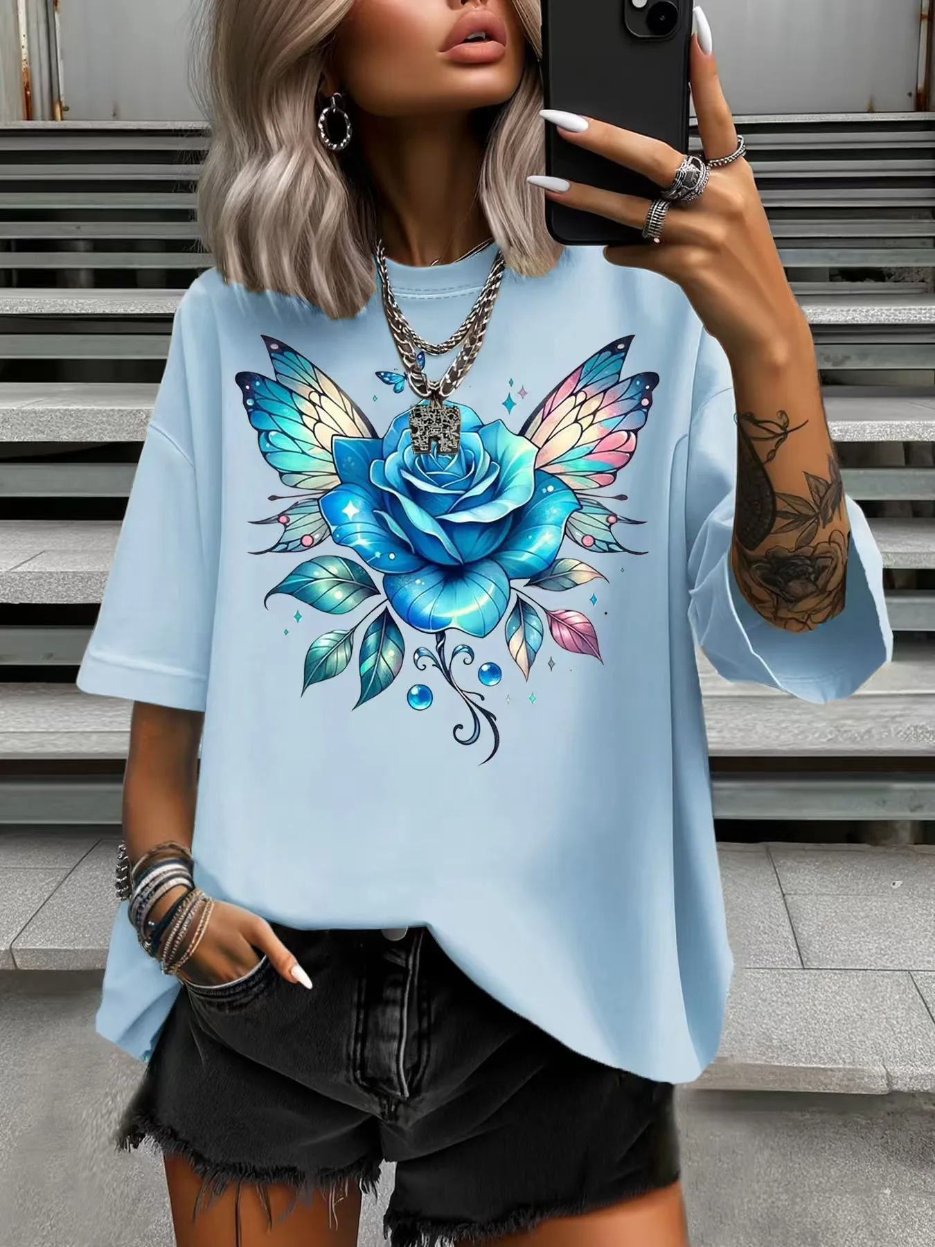 

Summer Women's Plus Size T-Shirt Original Design Blue Rose Butterfly Pattern Printed Women's Casual Crew Neck Short Sleeved Tops