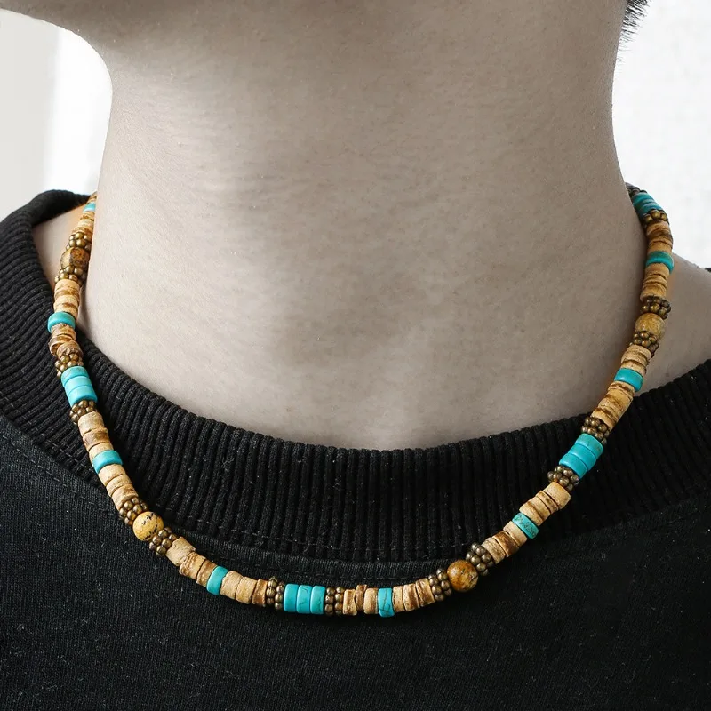 Bohemian Coconut Shell Wood Bead Turquoise Pendant Layered Short Chain Necklace Men Collarbone Jewelry