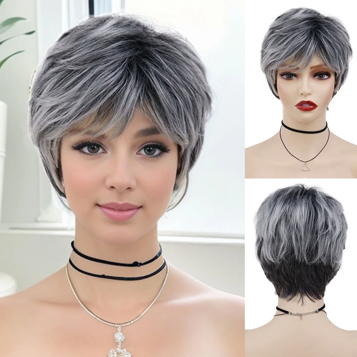 

Синтетические волосы, смешанный серый парик с челкой для женщин, женский парик бабушки, натуральный волнистый короткий парик с стрижкой пикси, повседневный костюм для косплея, вечерние