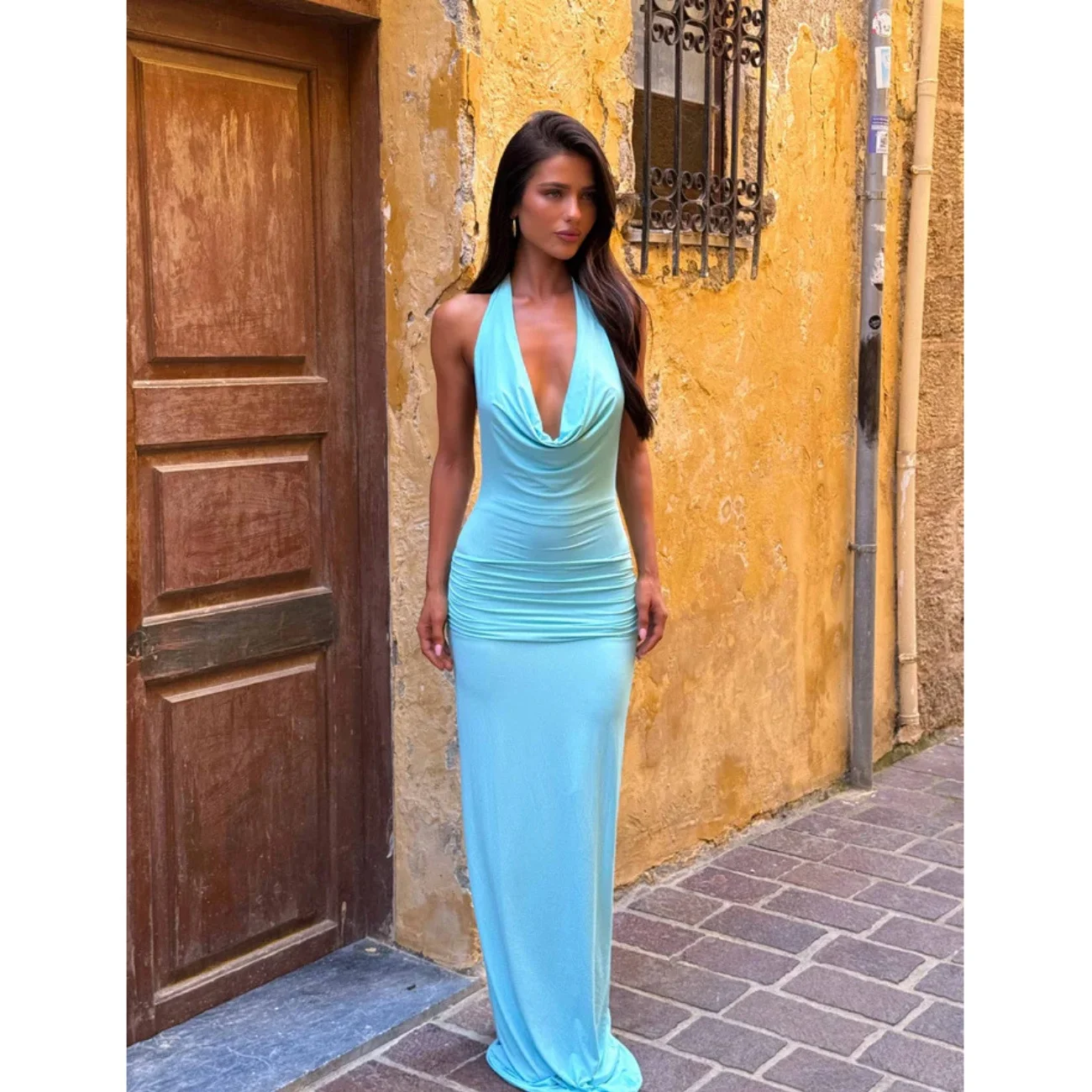 Abiti lunghi con scollo a V da donna estivi Moda a vita alta Sexy senza schienale senza maniche Abito aderente solido Elegante abito da sera per feste