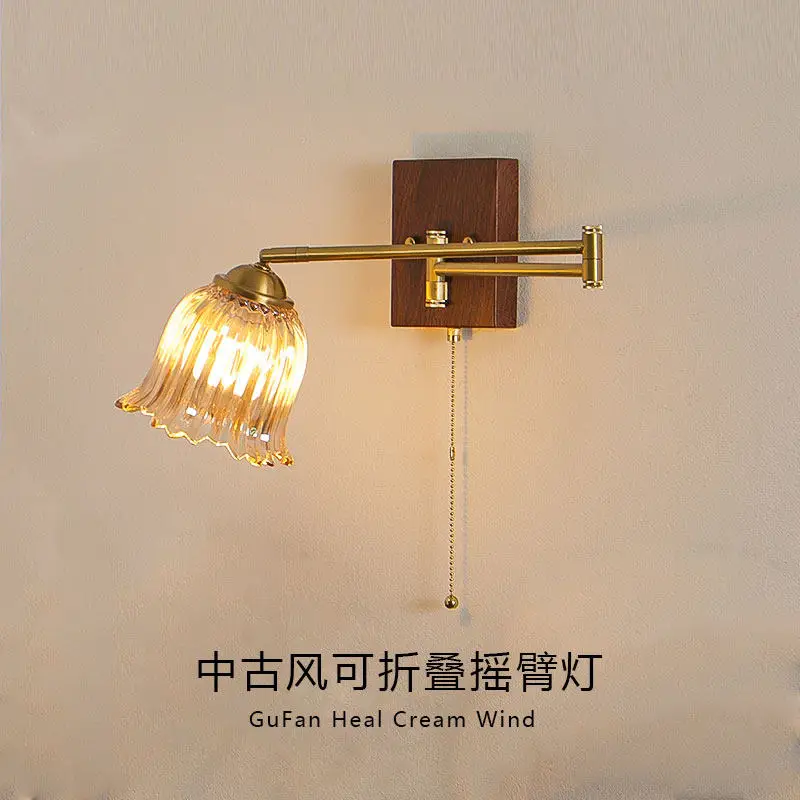 Mid Ancient Swing Arm Wall Lamps American Retro Atmosphere Flower Reading Light Study Bedroom Bedside Cafe Foldable Wall Sconces