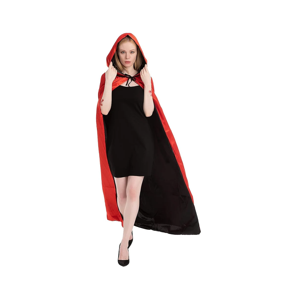 2PCS Halloween Vampire Cloak, Reversible Hooded Vampire Cape for Halloween Adult Cosplay, Black and Red 5FT B