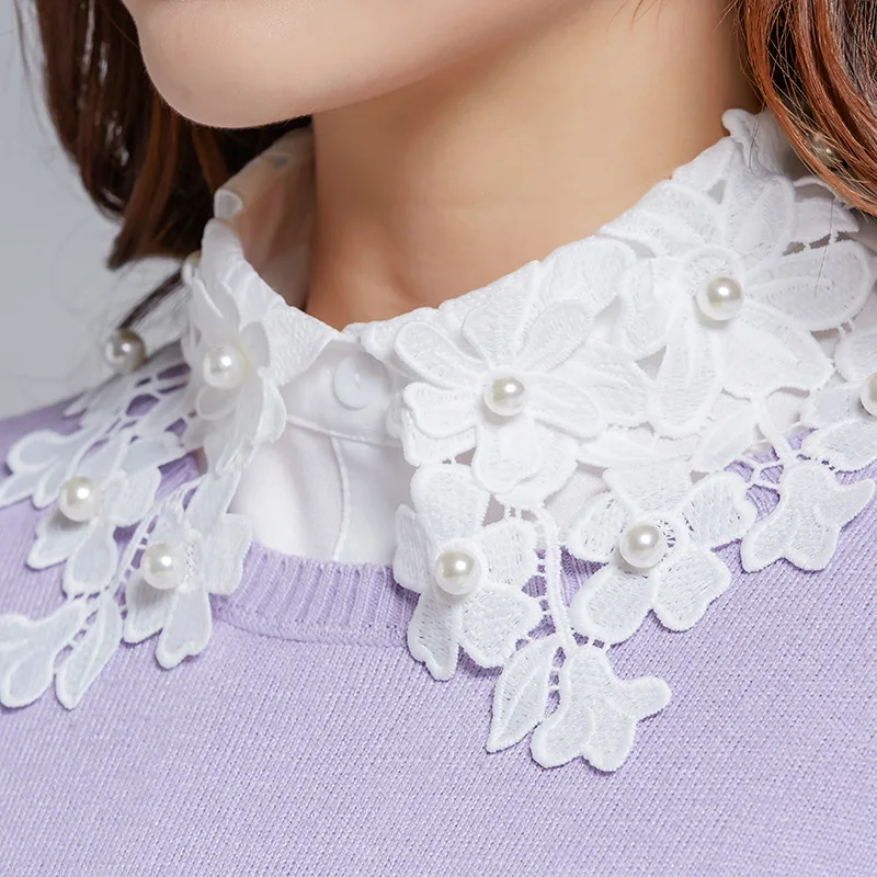 Women Floral Sweater Lapel Fake False Collar Female White Embroidered Lace Half Shirt Tie Detachable Collars Button Blouse Tops