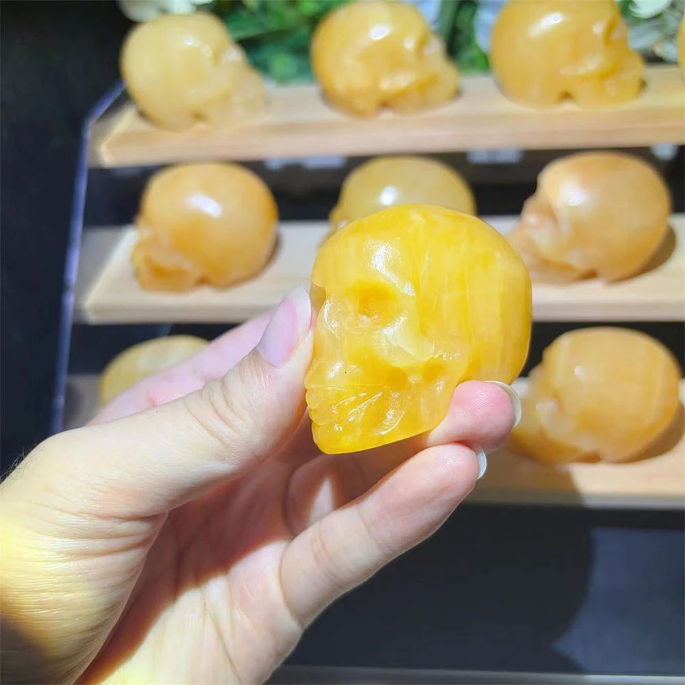 Natural Yellow Calcite Skulls Carving, Polished Gem Sculpture, Energy Mineral Specimen, Home Display Spiritual Decor Gift