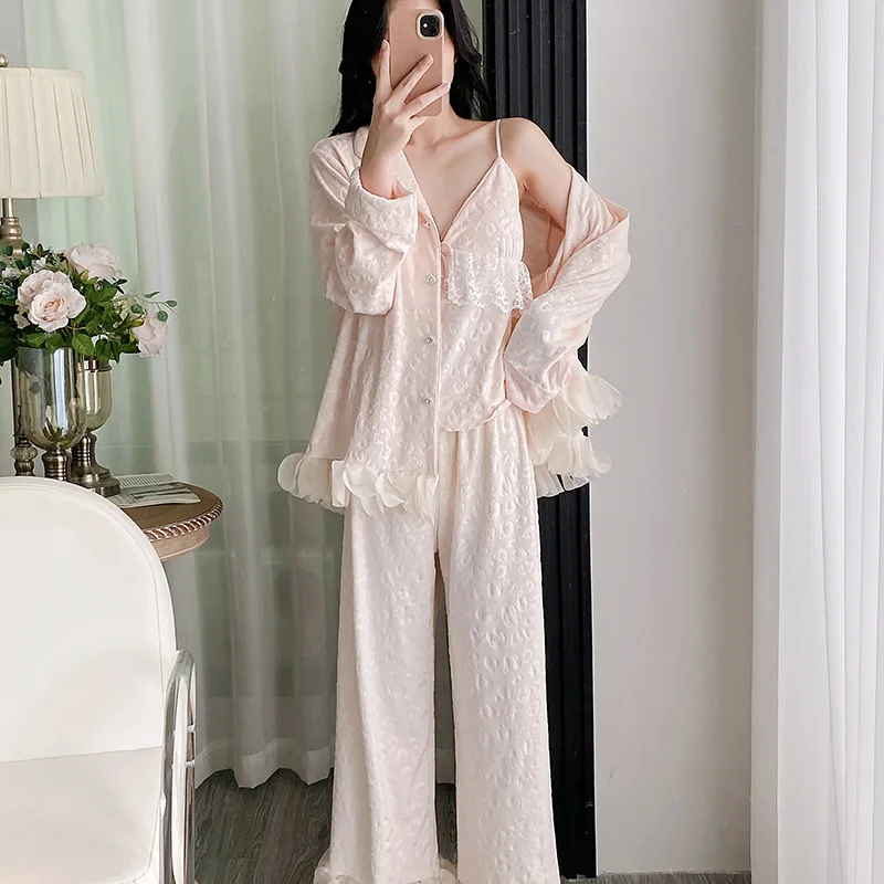 

Леопардовый жаккардовый остров с оборками, бархатные женские пижамы, комплект из 3 предметов, одежда для дома, одежда для сна, пижамный костюм, повседневная домашняя одежда, пижама