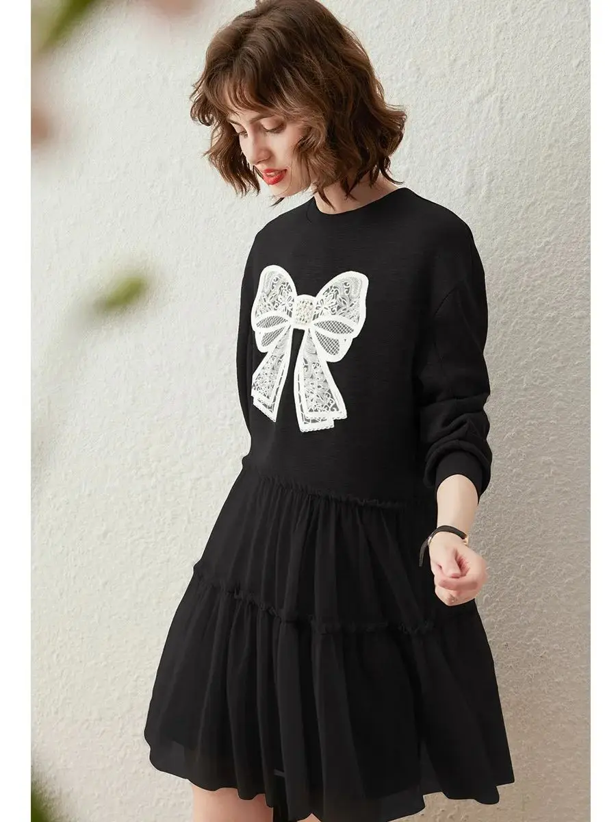 LOUIS YAO Women Mesh Patchwork Sweatshirt Dress Round Neck 2023 Autumn Sweet Butterfly Bow Patch Embroidered Long-sleeve Dress