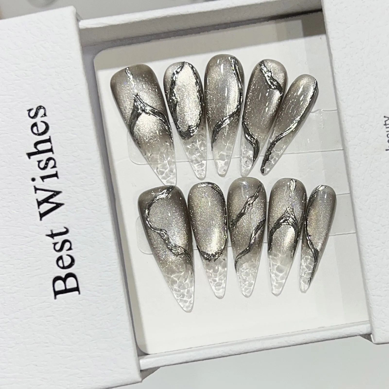 10 pçs halloween unhas falsas reutilizáveis ponta longa preto rachado olho de gato estilo punk prata longa imprensa em unhas para decoração feminina