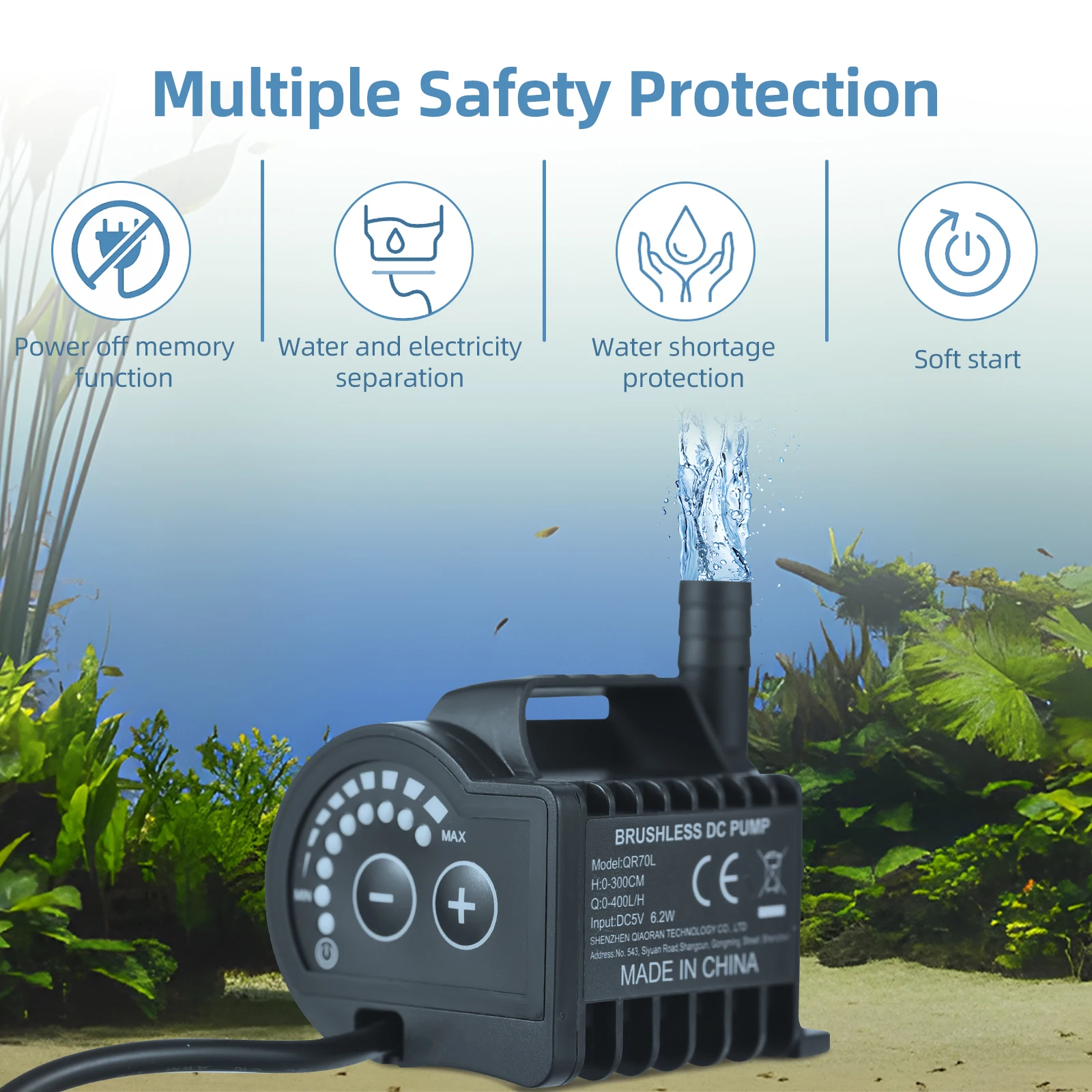 5V Submersible Water Pump 0-600L/H Small Fountain Pump 8 Levels Adjustable with 0-7.2ft Lift USB Charging and Suction Cup Base