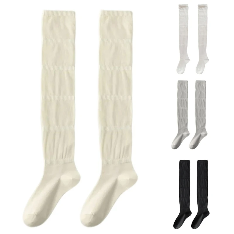 Women Loose Scrunch Pleated Long Socks Student Solid Color Thin Over Knee Socks