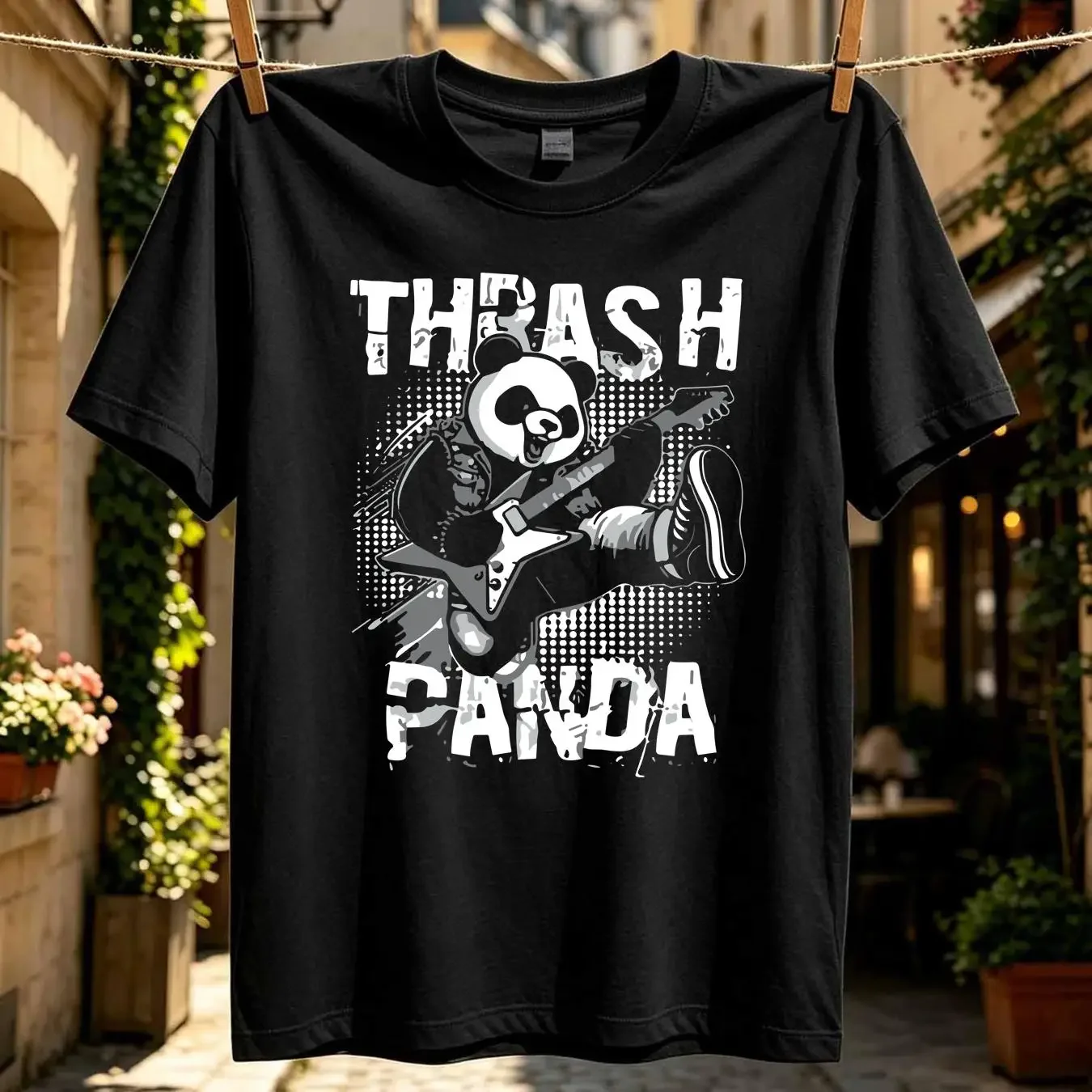 washed T Shirt NEW LIMITED Thrash Panda Playing Guitar Funny long or short sleeves vintage Washed Stylish Comfortable Soft